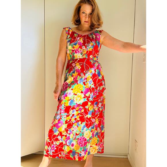 Vintage Andrade Womens Hawaiian Dress Size Sm4-6 Red Floral Tropical Print Maxi - Picture 10 of 11